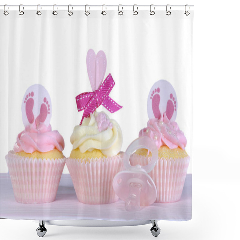 Personality  Three Baby Girl Cupcakes Against A White Background  Shower Curtains