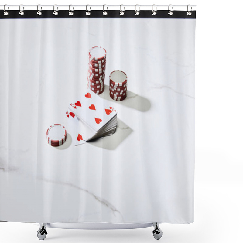 Personality  High Angle View Of Casino Chips With Deck Of Cards On White Surface Isolated On Black Shower Curtains