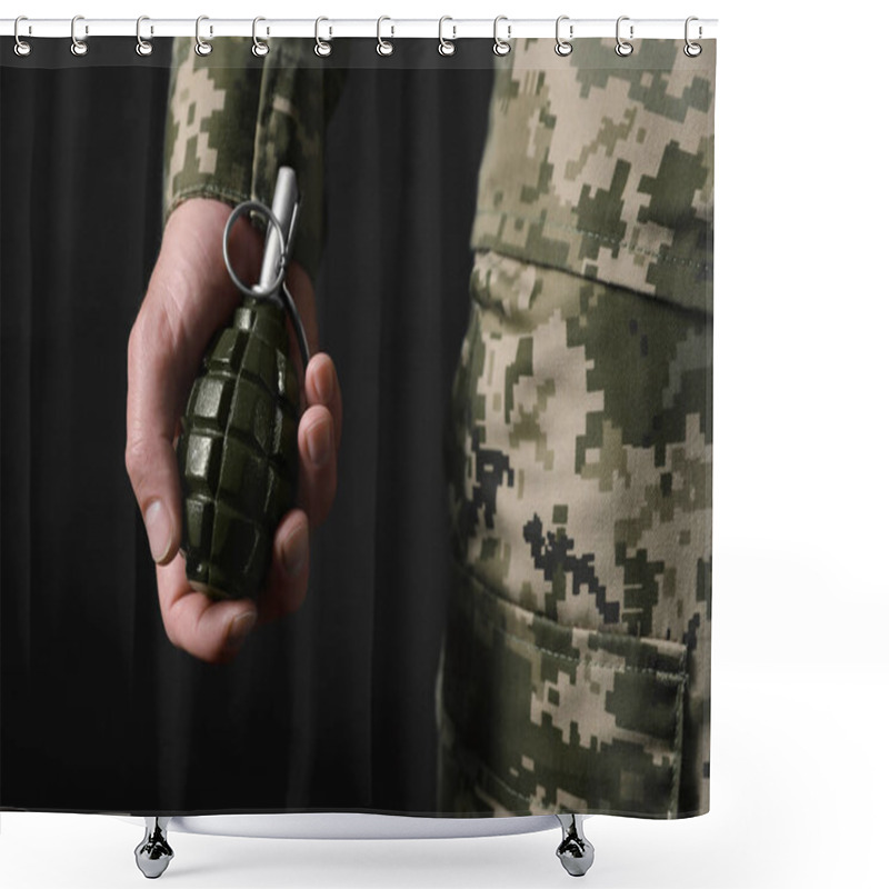 Personality  Soldier Holding Hand Grenade On Black Background, Closeup. Military Service Shower Curtains