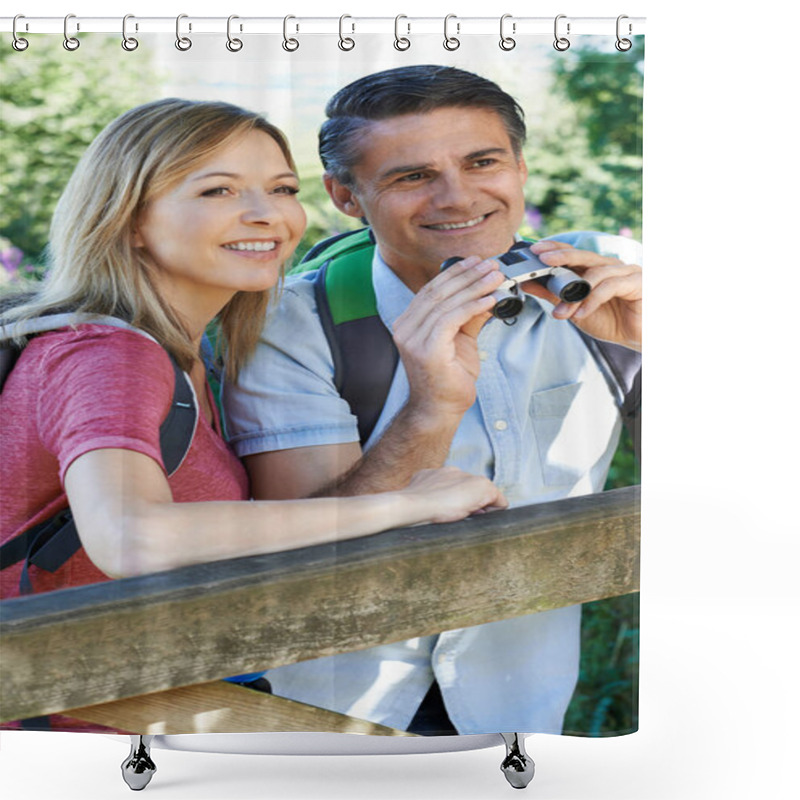 Personality  Mature Couple Hiking In Countryside Looking Through Binoculars Shower Curtains