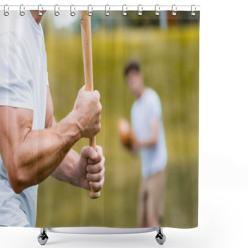 Personality  Cropped View Of Man Holding Softball Bat Near Teenager Boy  Shower Curtains