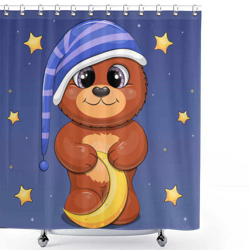 Personality  Cute Cartoon Brown Bear In A Nightcap Is Holding The Moon. Night Vector Illustration Of An Animal On A Dark Blue Background With Stars. Shower Curtains