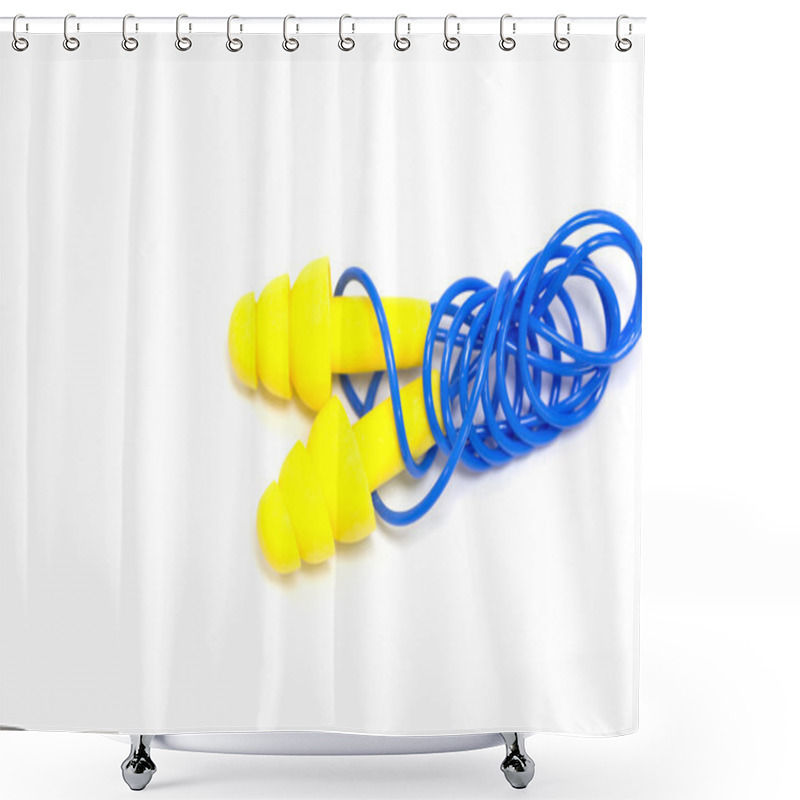 Personality  Yellow Earplugs With Blue Band  Shower Curtains