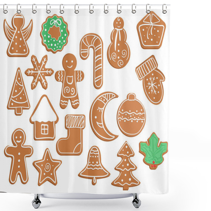 Personality  Gingerbread Cookies On White Background. Snowflake, Glove, Star, Man, Angel, Candy, Moon, Christmas Tree, Wreath, House, Bell, Ball, Gift Box, Holly Berry, Sock Shapes Shower Curtains