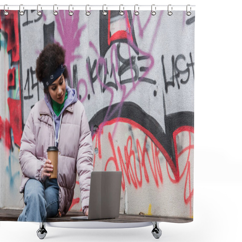 Personality  African American Woman Holding Coffee To Go And Using Laptop Near Graffiti Outdoors  Shower Curtains