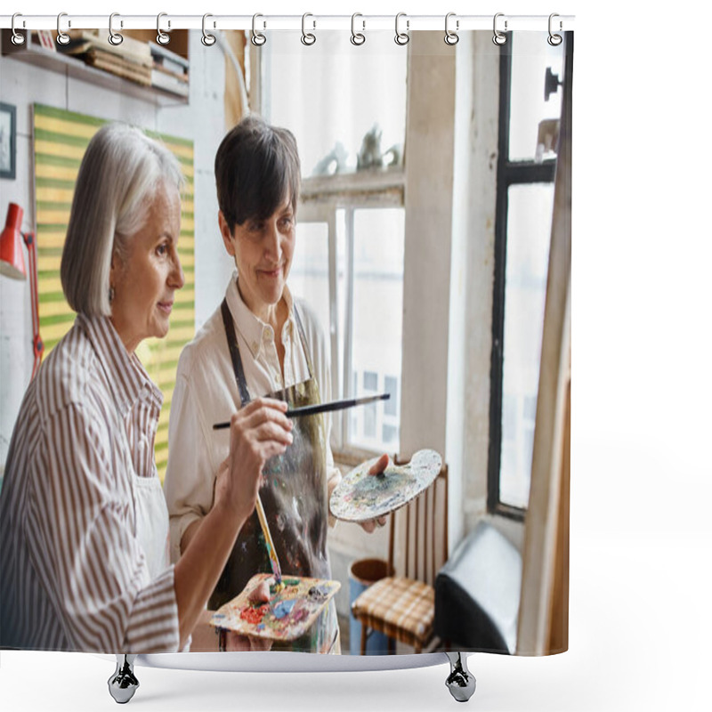 Personality  Two Women Immersed In Creativity, Paint With A Brush And Palette In An Art Studio. Shower Curtains