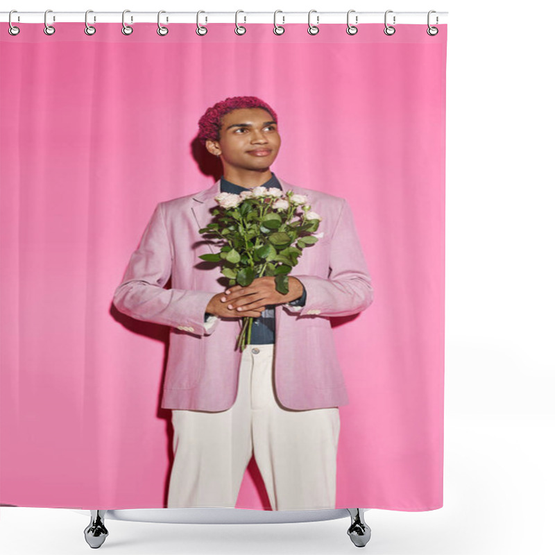 Personality  Good Looking Male Model With Pink Hair With Rose Bouquet In Hands Looking Away On Pink Backdrop Shower Curtains