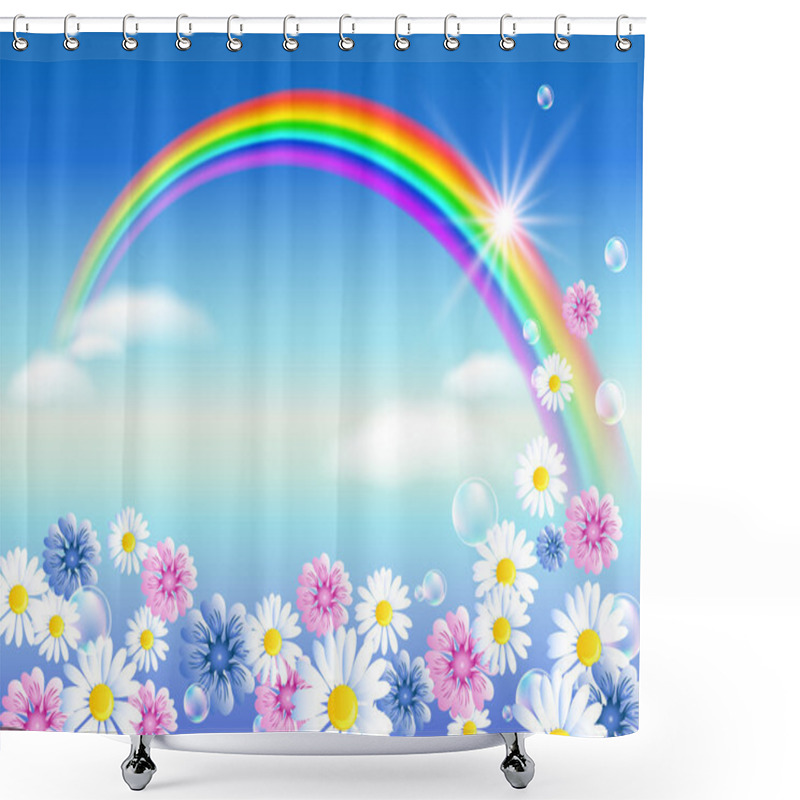 Personality  Rainbow In Sky Clouds With Flowers Shower Curtains