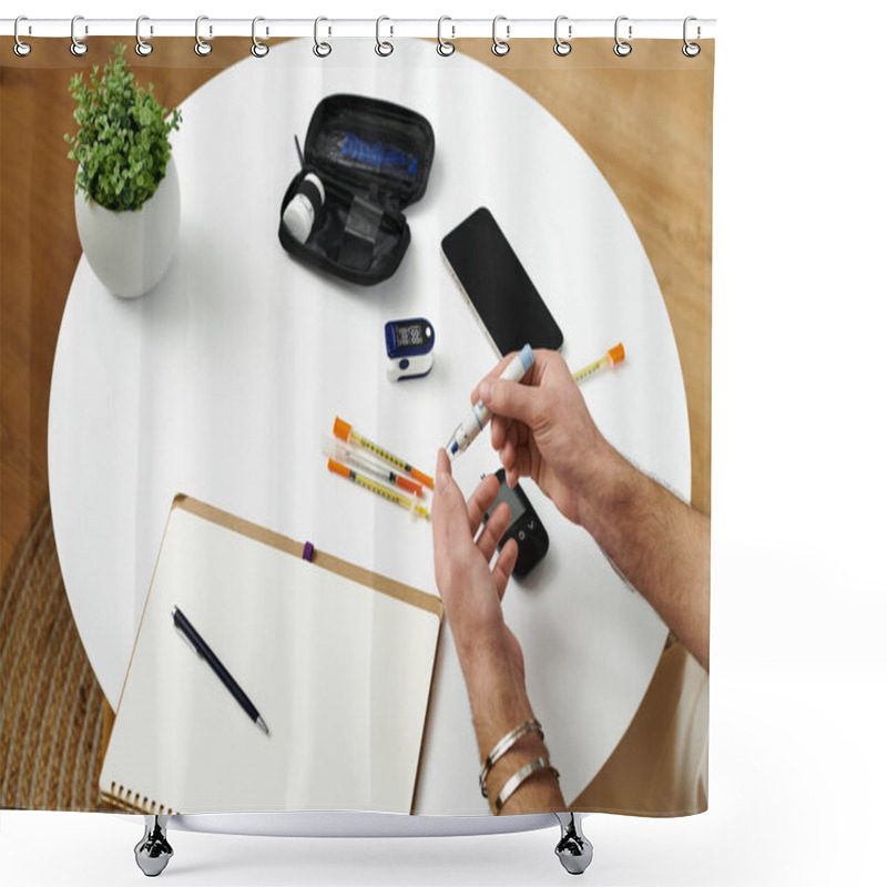 Personality  Young Man Measures Blood Sugar While Preparing For His Daily Lifestyle Routine At Home. Shower Curtains