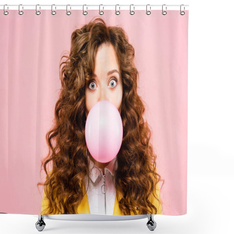 Personality  Attractive Surprised Curly Girl With Bubble Chewing Gum, Isolated On Pink Shower Curtains