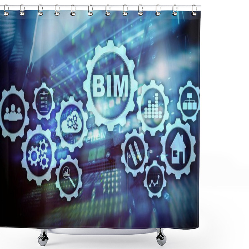 Personality  Building Information Modeling. BIM On The Virtual Screen With A Server Data Center Background Shower Curtains