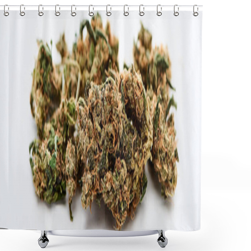 Personality  Close Up View Of Marijuana Buds On White Background, Panoramic Shot Shower Curtains