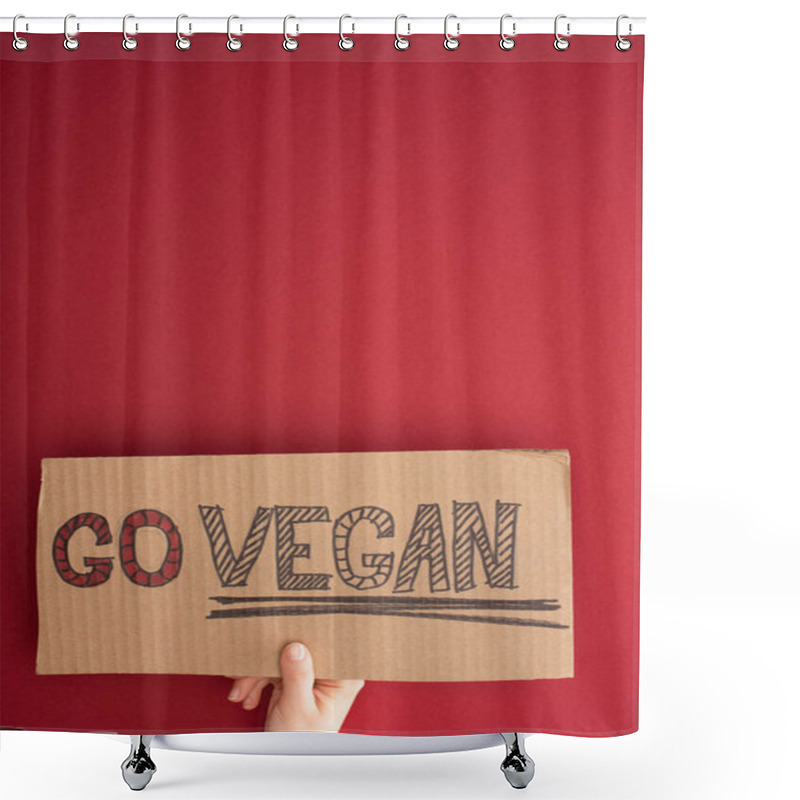 Personality  Partial View Of Woman Holding Cardboard With Go Vegan Inscription On Red Background Shower Curtains