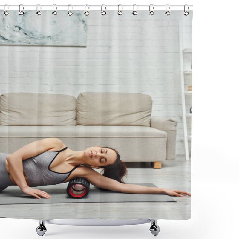 Personality  Young Brunette Woman In Sportswear Relaxing While Massaging Armpit With Roller Massager On Fitness Mat On Floor In Living Room At Home, Sense Of Tranquility And Promote Relaxation Concept Shower Curtains