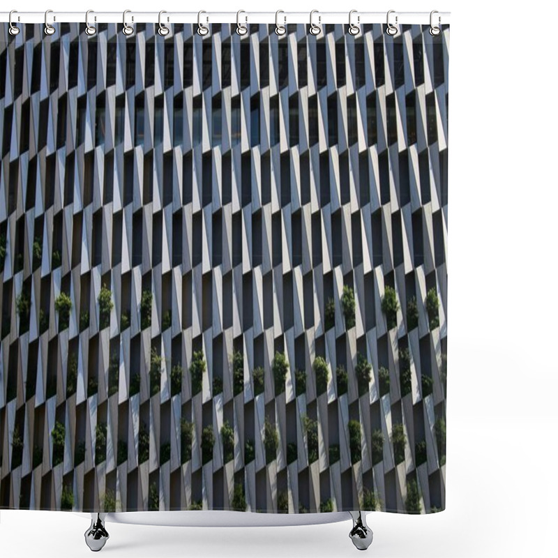 Personality  Modern Architectural Facade Featuring Greenery In A Striking Geometric Pattern. Shower Curtains