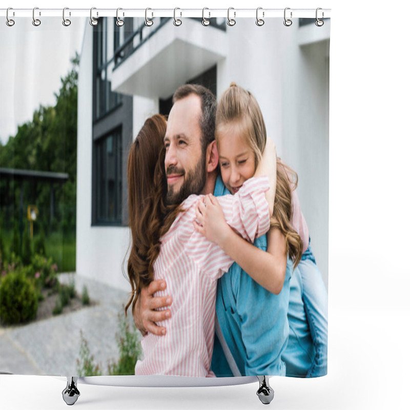 Personality  Cheerful Bearded Man And Happy Kid Hugging With Woman Near House  Shower Curtains