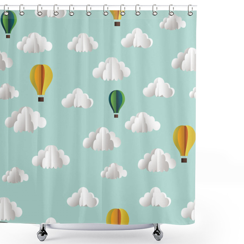 Personality  Vector Paper Seamless Pattern With Clouds And Hot Air Balloons Shower Curtains