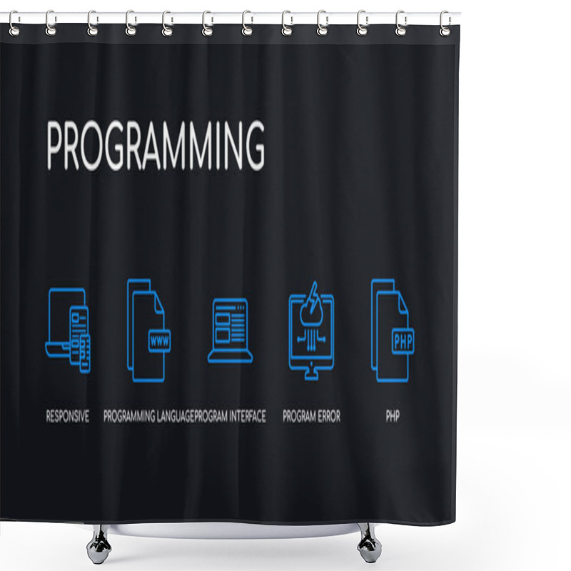 Personality  5 Outline Stroke Blue Php, Program Error, Program Interface, Programming Language, Responsive Icons From Programming Collection On Black Background. Line Editable Linear Thin Icons. Shower Curtains