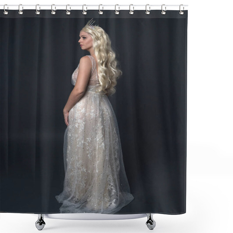 Personality  Full Length Portrait Of Beautiful Women With Long Blonde Hair, Wearing Fantasy  Princess Crown And Elegant White Ball Gown, Standing Pose With Hand Gesture. Isolated On Dark Grey Studio Background. Shower Curtains