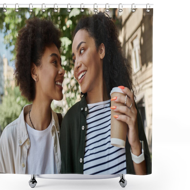 Personality  A Happy Couple Shares Laughter And Coffee While Embracing The Joy Of Their Outdoor Journey. Shower Curtains