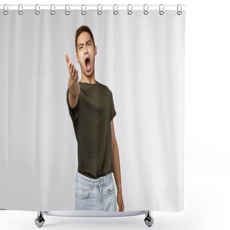 Personality  Portrait Of Pissed-off Complaining, Bothered Asian Man Pointing With Dismay At Camera And Accuse Someone, Look Angry And Outraged, Blame Person, Judging Bad Behaviour, Look At This Mess Shower Curtains