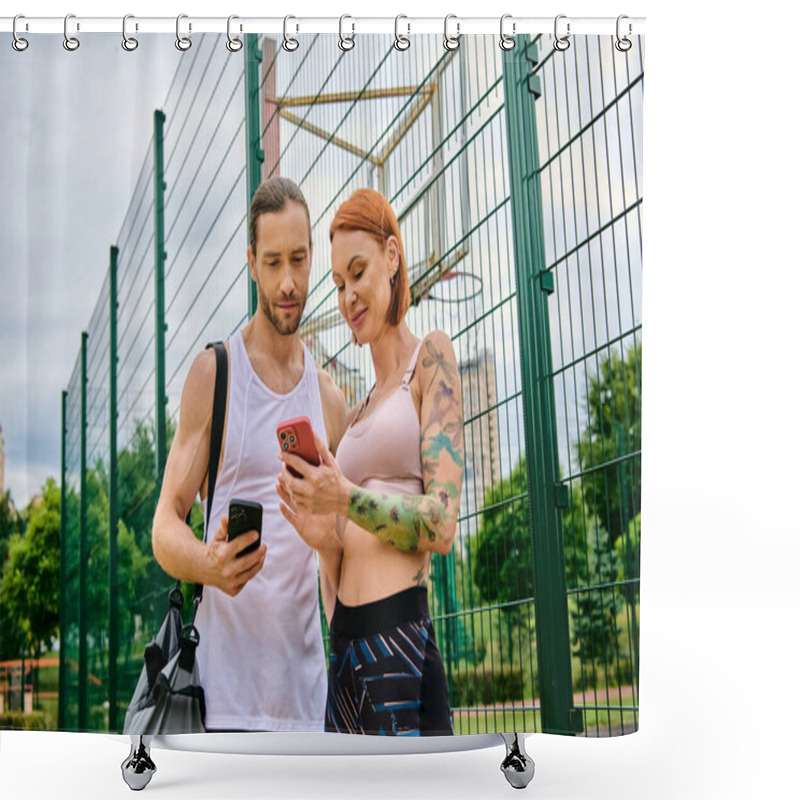 Personality  A Man And A Woman In Sportswear, Check Their Progress On A Cell Phone. Shower Curtains