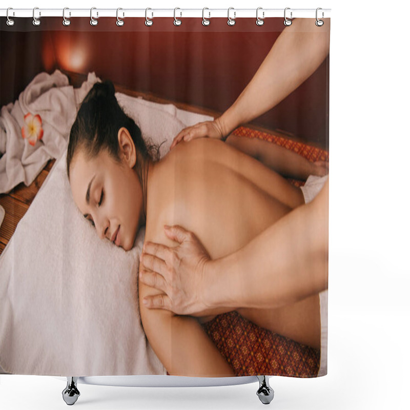 Personality  Cropped View Of Masseur Doing Back Massage To Woman On Massage Mat Shower Curtains