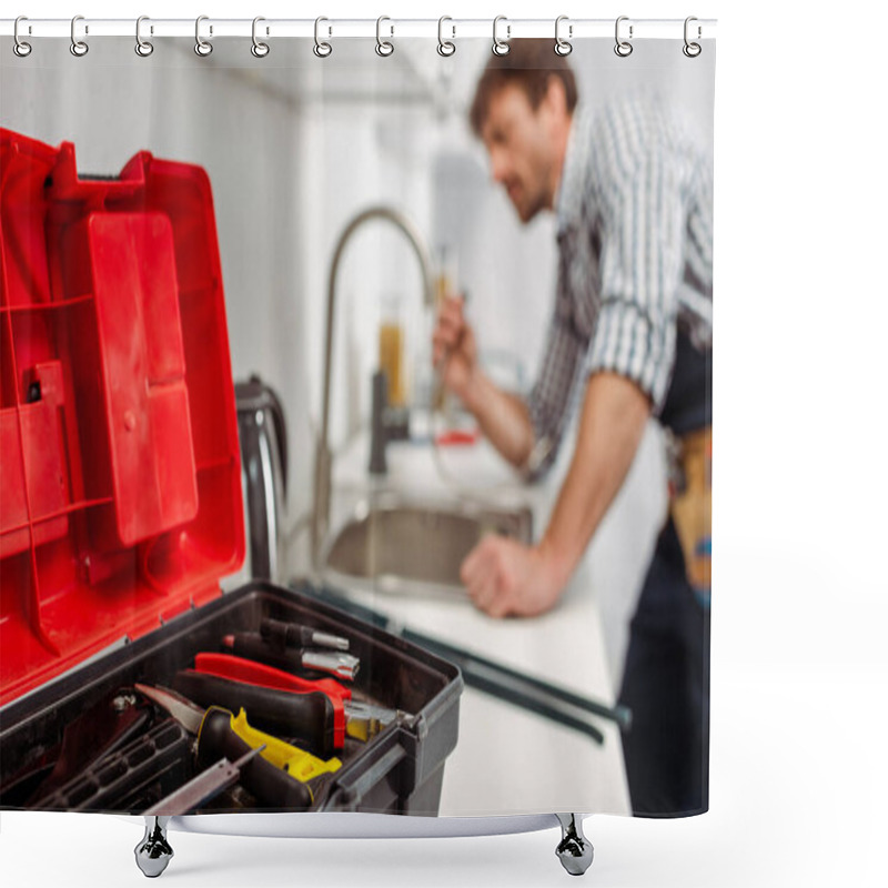 Personality  Selective Focus Of Instrument In Toolbox And Plumber Working In Kitchen  Shower Curtains