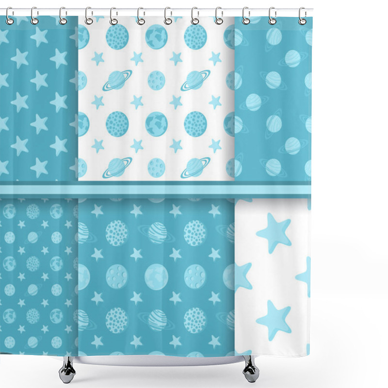 Personality  Set Of Space Seamless Patterns With Planets And Stars - Blue Vec Shower Curtains