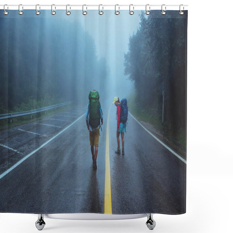 Personality  Lover Asian Man And Asian Women Travel Nature. Walk On The Road Route. Traveling Nature Happily. Amid The Mist Rainy. In The Rainy Season. Shower Curtains