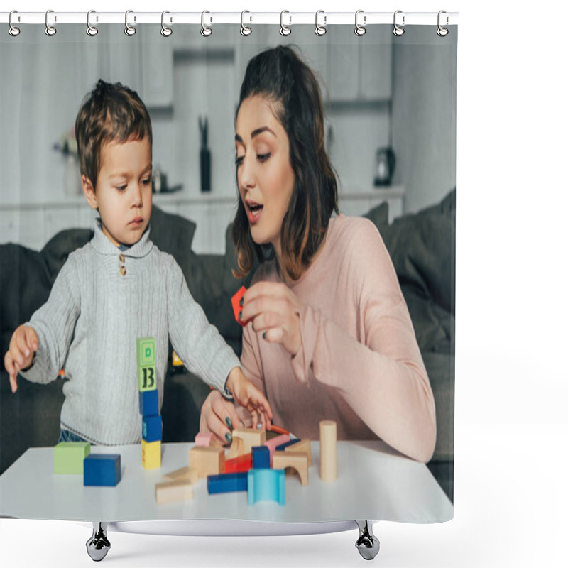 Personality  Adorable Little Kid And His Mother Playing Blocks Wood Tower Game At Home Shower Curtains