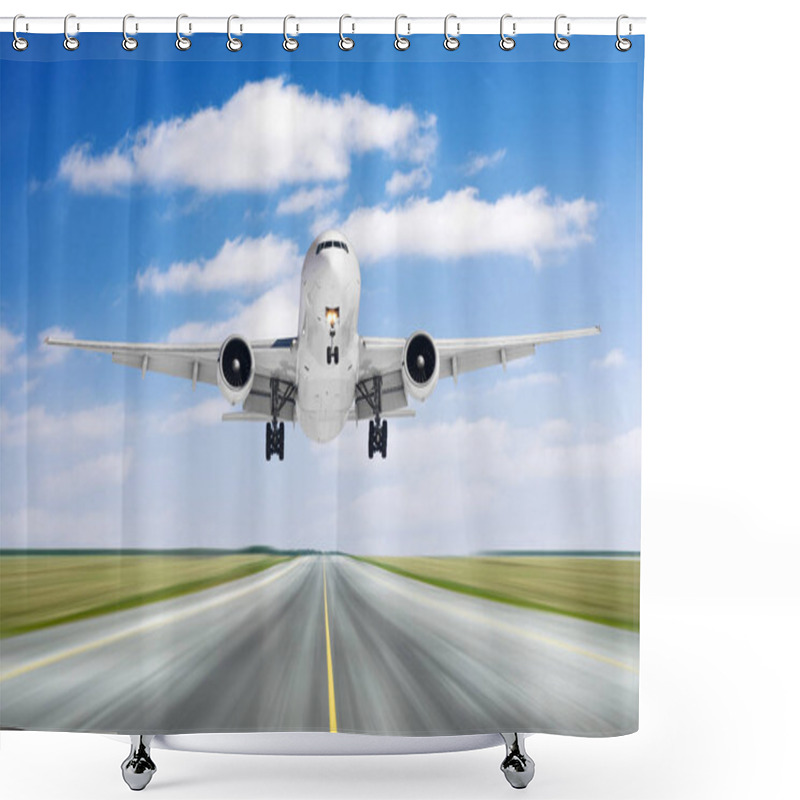 Personality  Big Airplane Aircraft Flying Departure Landing Speed Motion On A Runway In The Good Weather With Cumulus Clouds Sky Day. Shower Curtains