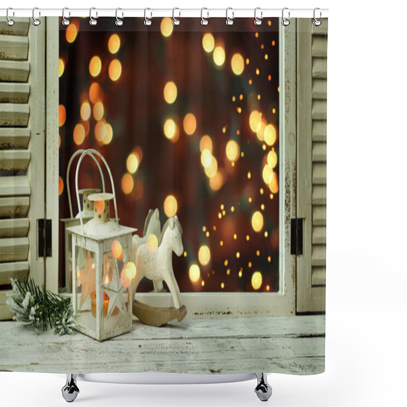 Personality  Wooden Rocking Horse And Lantern On A Wooden Rustic Background Shower Curtains