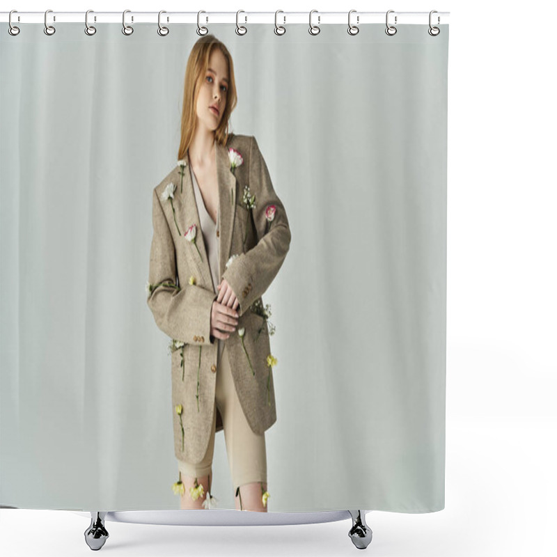 Personality  A Young Woman Stands Confidently, Flowers Embellishing Her Outfit And Hair. Shower Curtains