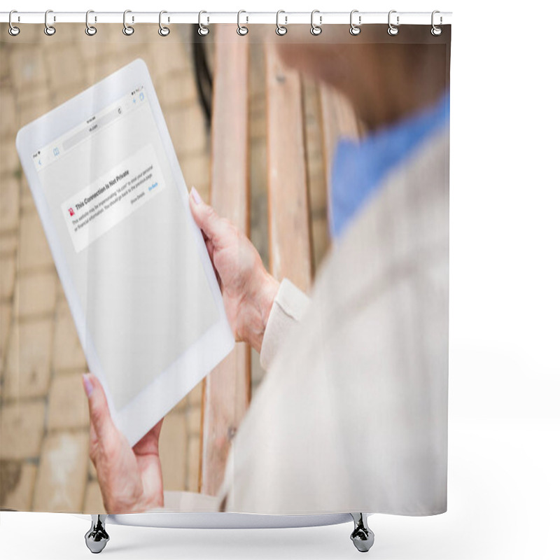 Personality  Selective Focus Of Woman Using Digital Tablet With Vk Website On Screen Shower Curtains