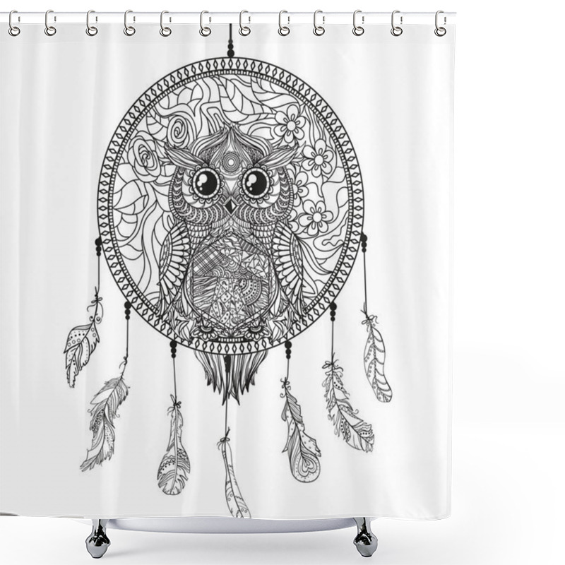 Personality  Dreamcatcher With Owl. Zentangle. Abstract Bird. Line  Art. Mystic Symbol. Print For Polygraphy And Textiles. American Indians Symbol. Zen Art. Design For Spiritual Relaxation For Adults. Decorative Shower Curtains