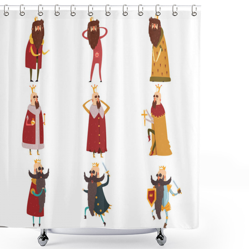 Personality  Set Of Different Funny Bearded Kings In Different Actions. Old Men Wearing Gold Crowns, Mantels And Armor. Rulers Of Kingdoms. Cartoon Characters. Flat Vector Design Shower Curtains