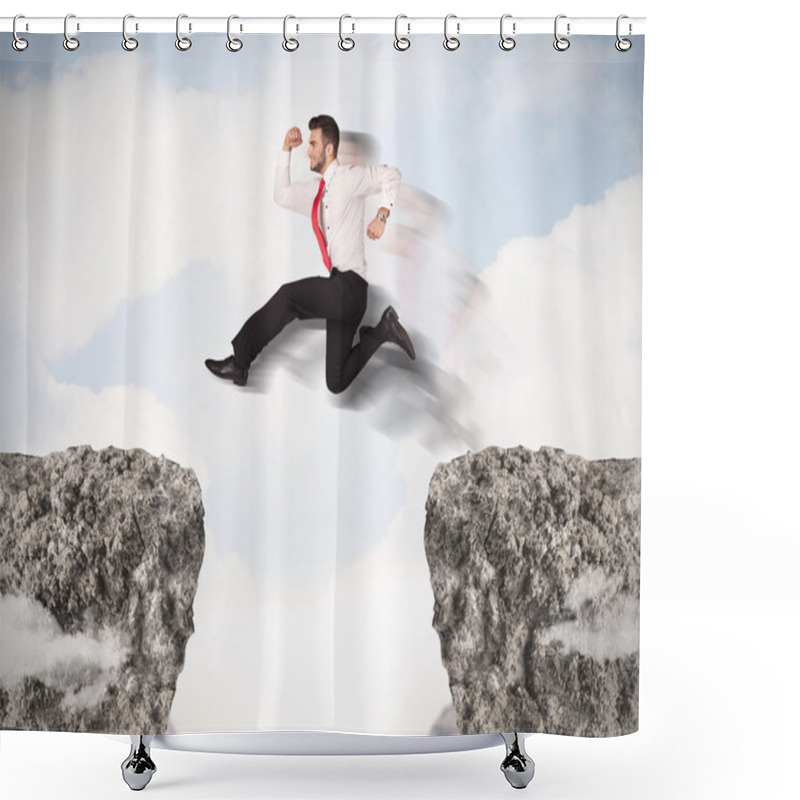 Personality  Funny Business Man Jumping Over Rocks With Gap Shower Curtains