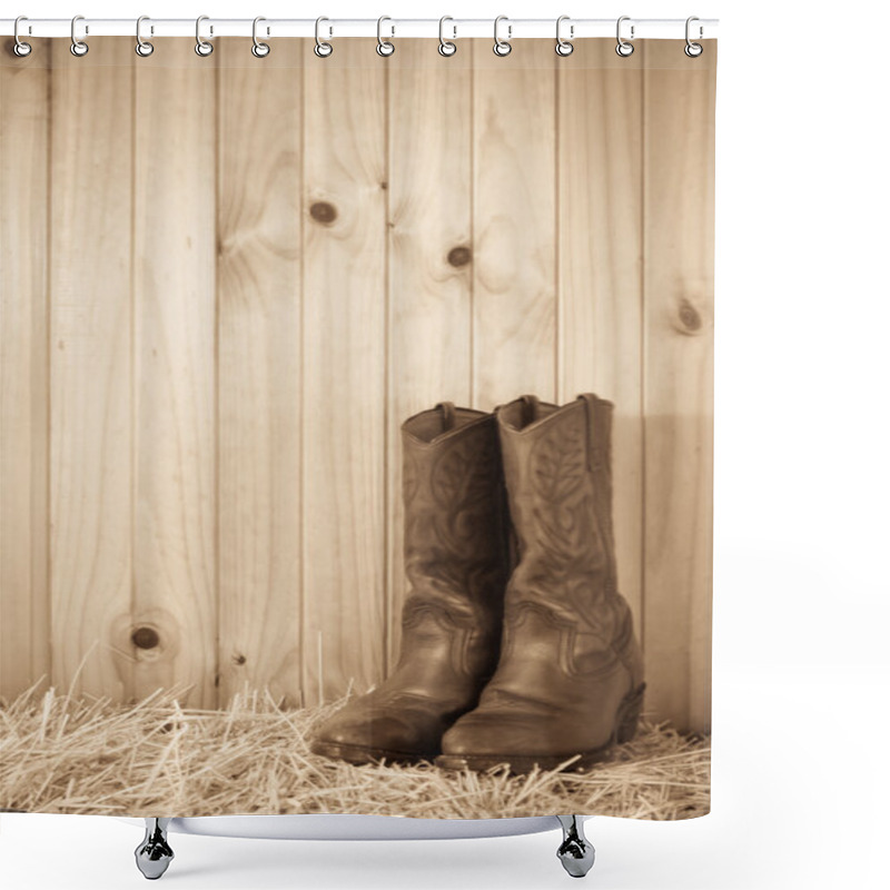 Personality  Boots Sitting On Hay Bale Shower Curtains