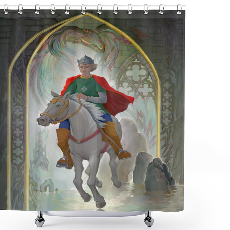 Personality  Knight Of Light. Oil Painting On Wood. Portrait Of A Medieval Warrior Riding On A Horse In The Fantasy Gothic Environment. Illustration For An Old Legend. Shower Curtains