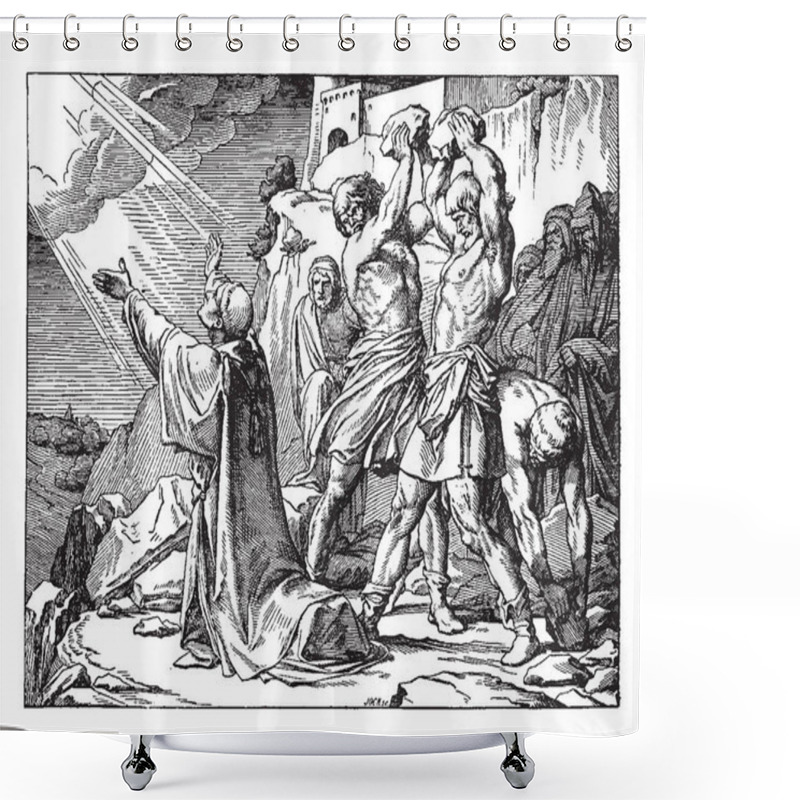 Personality  A Man Sitting On Knees And Looking Towards The Shine Came From Clouds, Two Men Raising Big Stones Over Him, Other People In Background, Vintage Line Drawing Or Engraving Illustration Shower Curtains