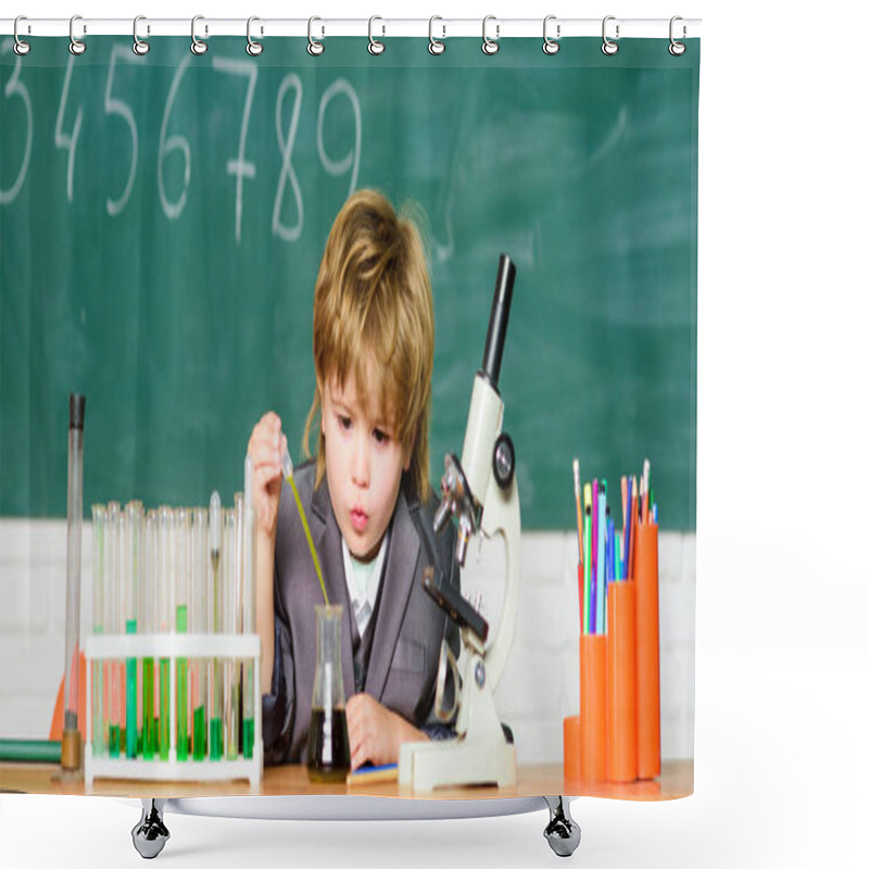 Personality  School Education. Explore Biological Molecules. Toddler Genius Baby. Technology And Science Concept. Boy Near Microscope And Test Tubes In School Classroom. Kid Study Biology And Chemistry In School Shower Curtains