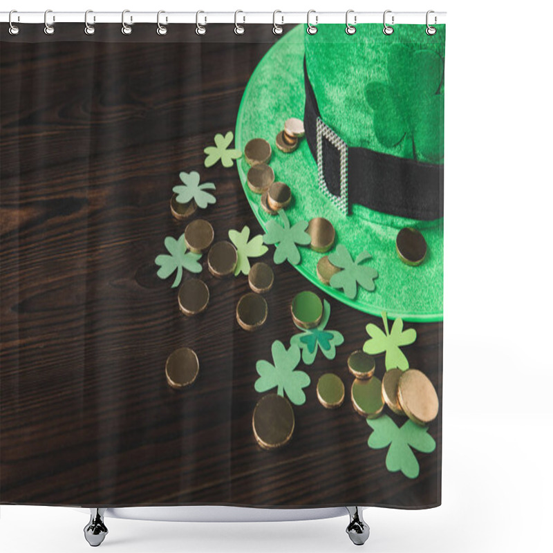 Personality  Green Hat With Golden Coins And Shamrock On Wooden Table, St Patricks Day Concept Shower Curtains