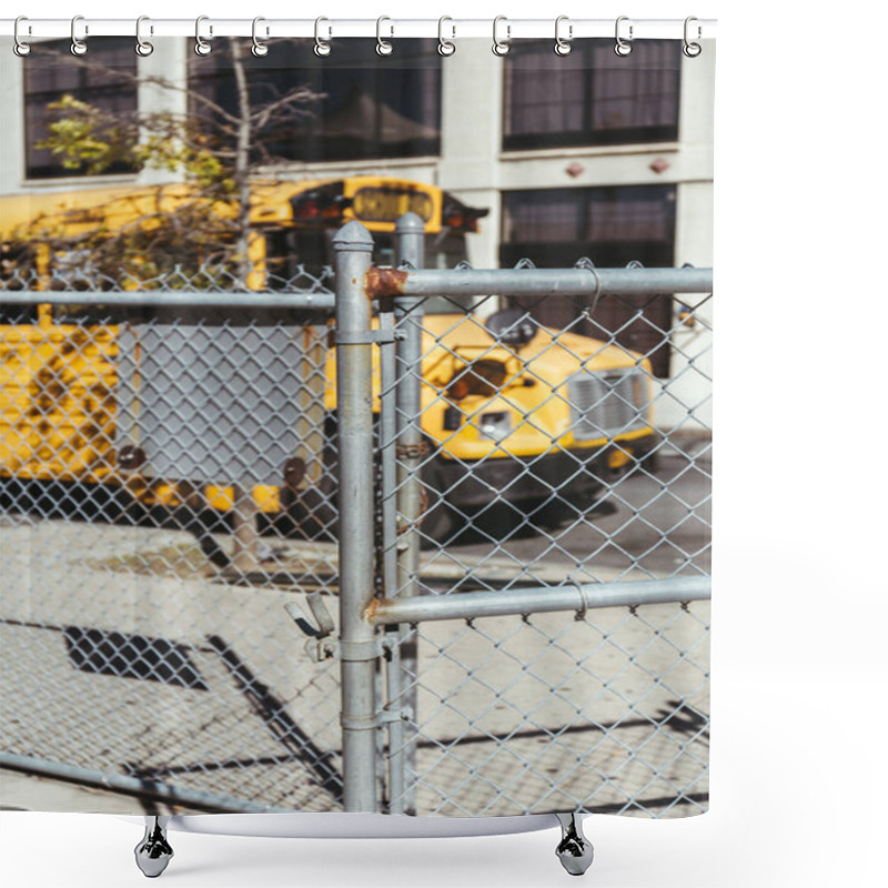 Personality  Selective Focus Of Net And School Bus Parked On Street In New York, Usa Shower Curtains