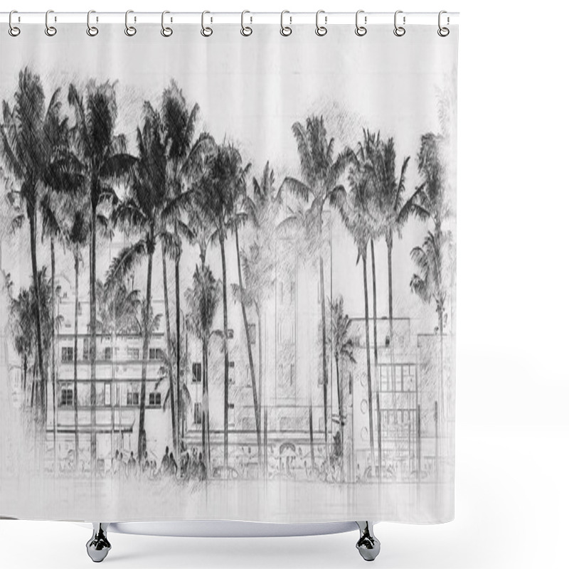 Personality  Miami Beach Ocean Drive Hotels And Restaurants At Sunset. City Skyline With Palm Trees At Night. Art Deco Nightlife On The South Beach Shower Curtains