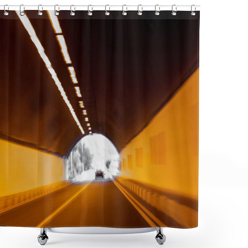 Personality  Abstract Motion Blur Background Road Tunnel With Moving Cars And Light At The End. For Use As A Creative Design Blank. Light Line Of Traffic In The Tunnel Lighting Car Highway Shower Curtains