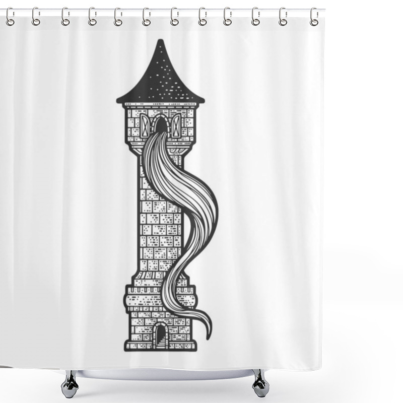 Personality  Rapunzel Fairy Tale Long Hair Hanging From The Tower Sketch Engraving Vector Illustration. T-shirt Apparel Print Design. Scratch Board Imitation. Black And White Hand Drawn Image. Shower Curtains