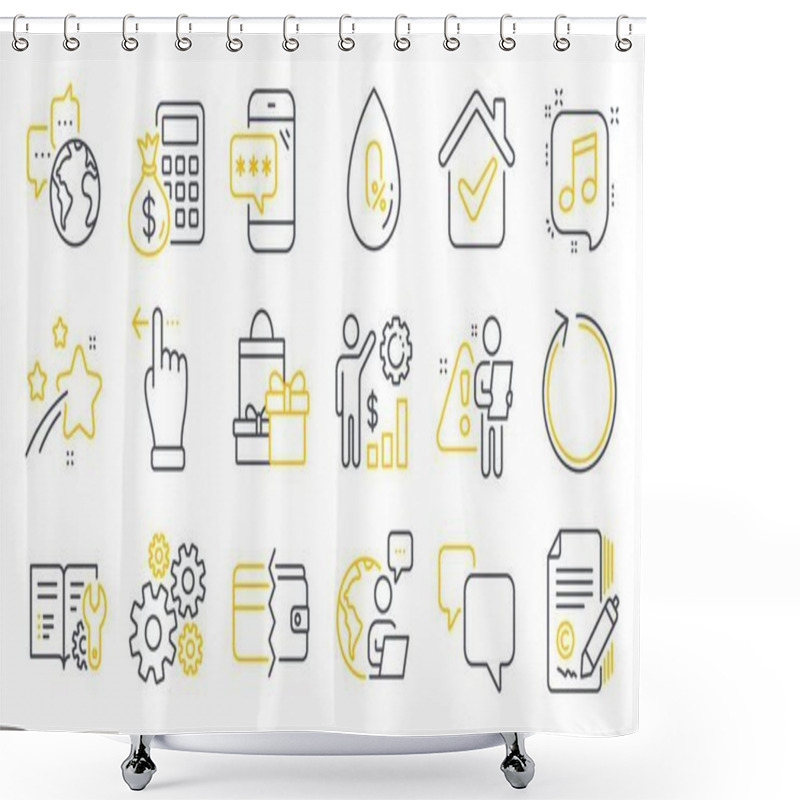 Personality  Set Of Business Icons, Such As Employees Wealth, Touchscreen Gesture, Speech Bubble Symbols. Finance Calculator, Shopping, Copywriting Signs. Loop, Phone Password, Musical Note. Cogwheel. Vector Shower Curtains