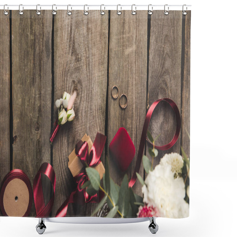 Personality  Flat Lay With Wedding Rings, Jewelry Box, Bridal Bouquet And Corsage On Wooden Tabletop Shower Curtains