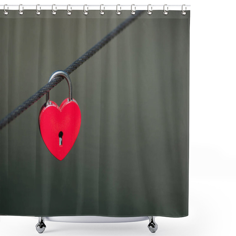 Personality  Closeup Of Love Padlock On Metallic Fence On Blurred Water Backg Shower Curtains